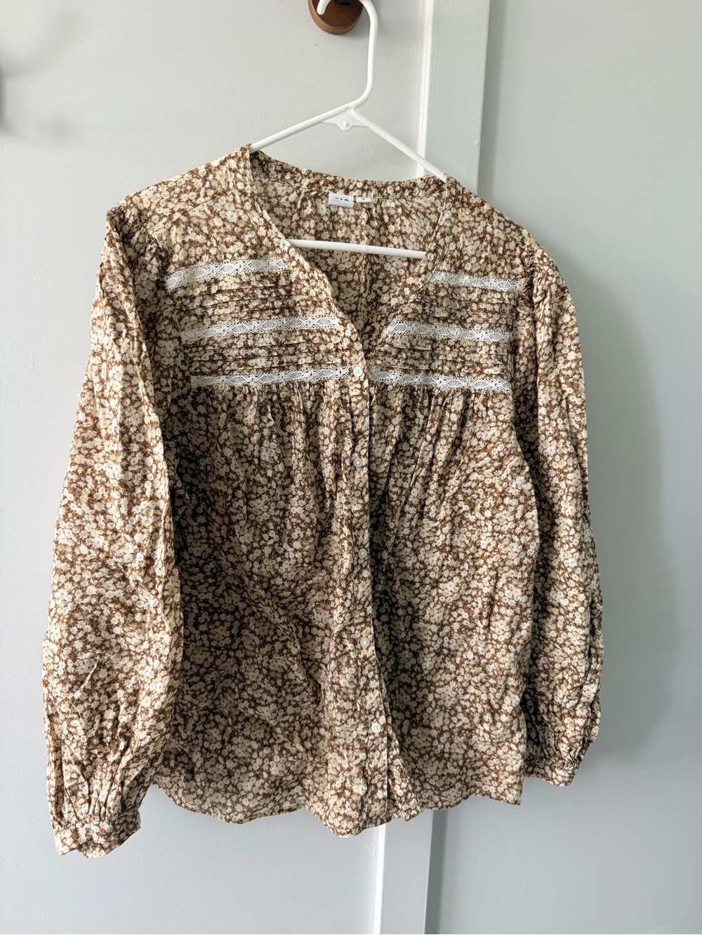GAP Brown Floral Lace-Trim Button Front Blouse